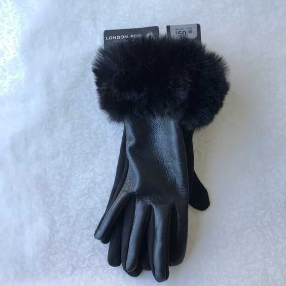 London Fog Faux Fur Gloves Women’s  Touch Screen Compatible Black NWT - Picture 4 of 5